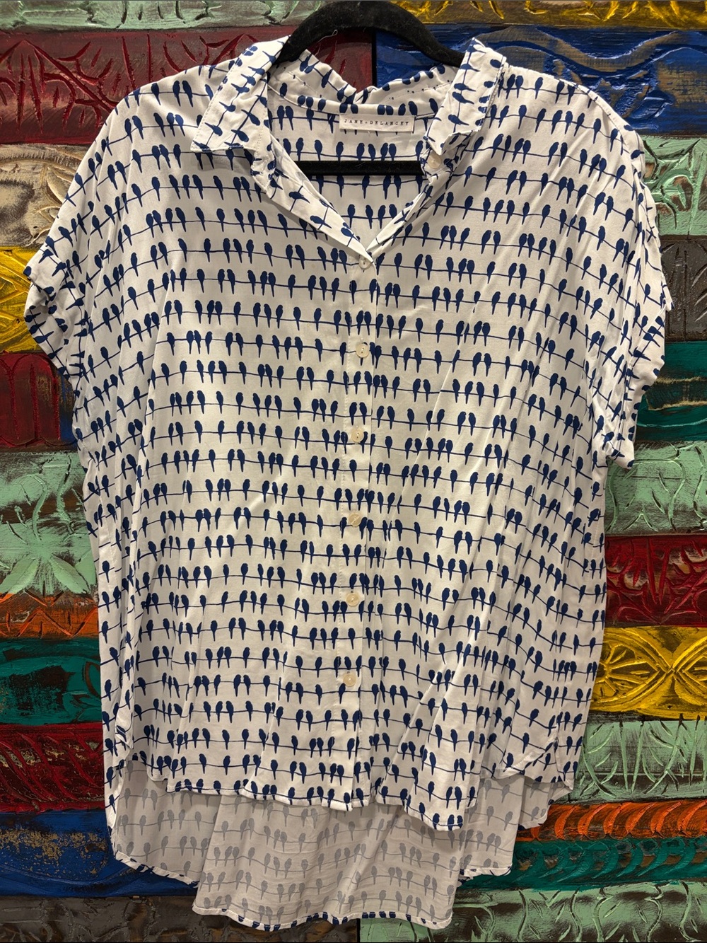 Jane and Delancey White Button-Front Shirt with Blue Bird Pattern